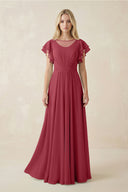 Merlot Cap Sleeve Ruffled A-Line Chiffon Bridesmaid Dress | KISSBRIDAL