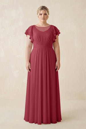 Merlot Cap Sleeve Ruffled A-Line Chiffon Bridesmaid Dress | KISSBRIDAL