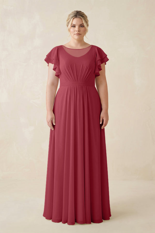 Merlot Cap Sleeve Ruffled A-Line Chiffon Bridesmaid Dress | KISSBRIDAL