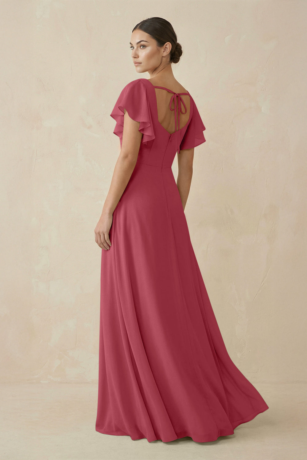 Chiffon A-Line Long Bridesmaid Dress with Flutter Sleeves in Merlot