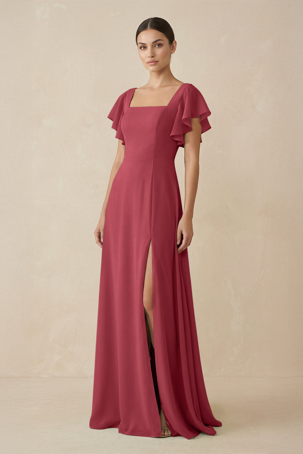 Chiffon A-Line Long Bridesmaid Dress with Flutter Sleeves in Merlot