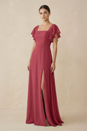 Merlot Chiffon A-Line Long Bridesmaid Dress with Flutter Sleeves | KISSBRIDAL