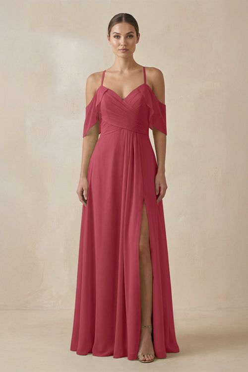 Merlot Chiffon A-Line Long Bridesmaid Dress | KISSBRIDAL