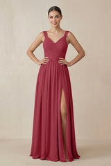 Merlot Chiffon A-Line Pleated Bridesmaid Dress | KISSBRIDAL