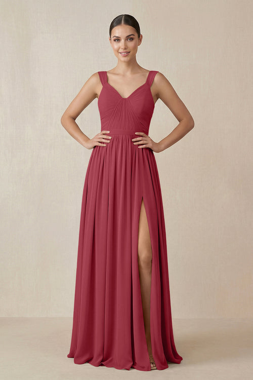 Merlot Chiffon A-Line Pleated Bridesmaid Dress | KISSBRIDAL