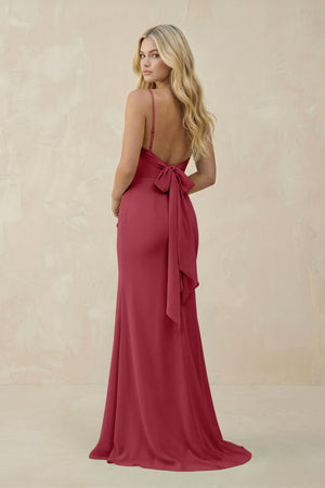 Merlot Cowl Neck Sheath Chiffon Bridesmaid Dress with Corset (2) | KISSBRIDAL