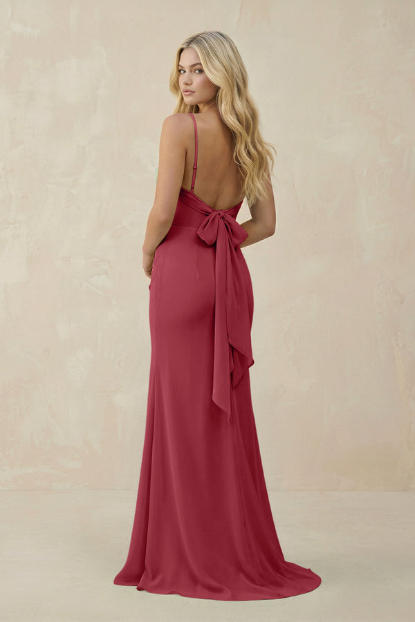 Merlot Cowl Neck Sheath Chiffon Bridesmaid Dress with Corset (2) | KISSBRIDAL