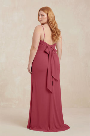 Merlot Cowl Neck Sheath Chiffon Bridesmaid Dress with Corset (2) | KISSBRIDAL