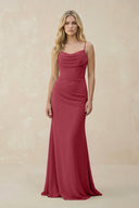 Merlot Cowl Neck Sheath Chiffon Bridesmaid Dress with Corset | KISSBRIDAL