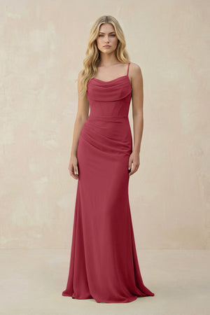 Merlot Cowl Neck Sheath Chiffon Bridesmaid Dress with Corset | KISSBRIDAL