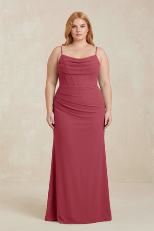 Merlot Cowl Neck Sheath Chiffon Bridesmaid Dress with Corset | KISSBRIDAL
