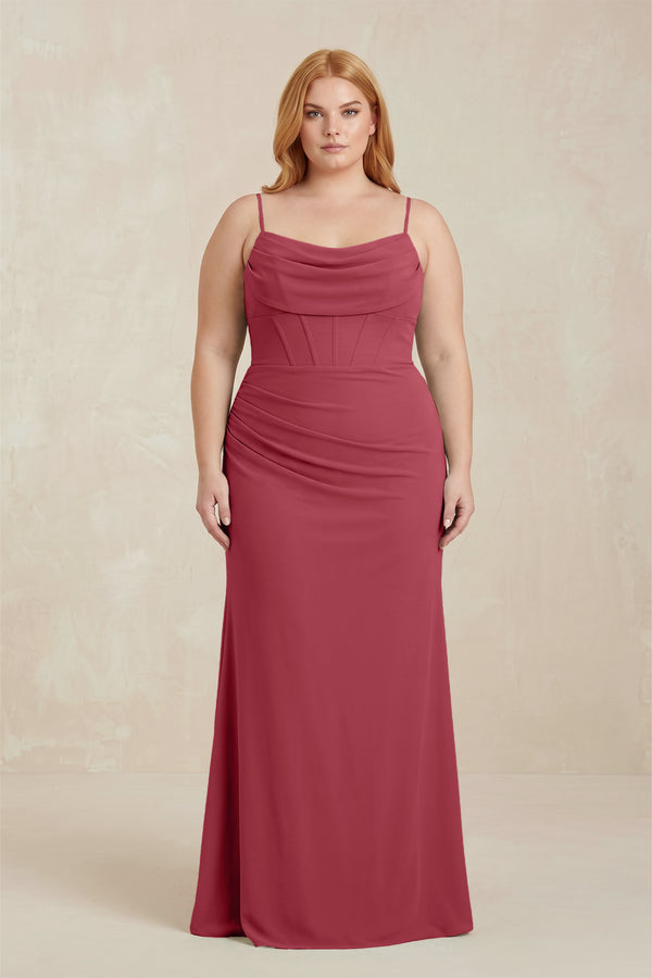 Merlot Cowl Neck Sheath Chiffon Bridesmaid Dress with Corset | KISSBRIDAL
