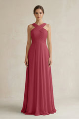 Merlot Cross Halter Chiffon A-Line Pleated Bridesmaid Dress | KISSBRIDAL