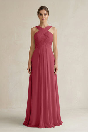 Merlot Cross Halter Chiffon A-Line Pleated Bridesmaid Dress | KISSBRIDAL