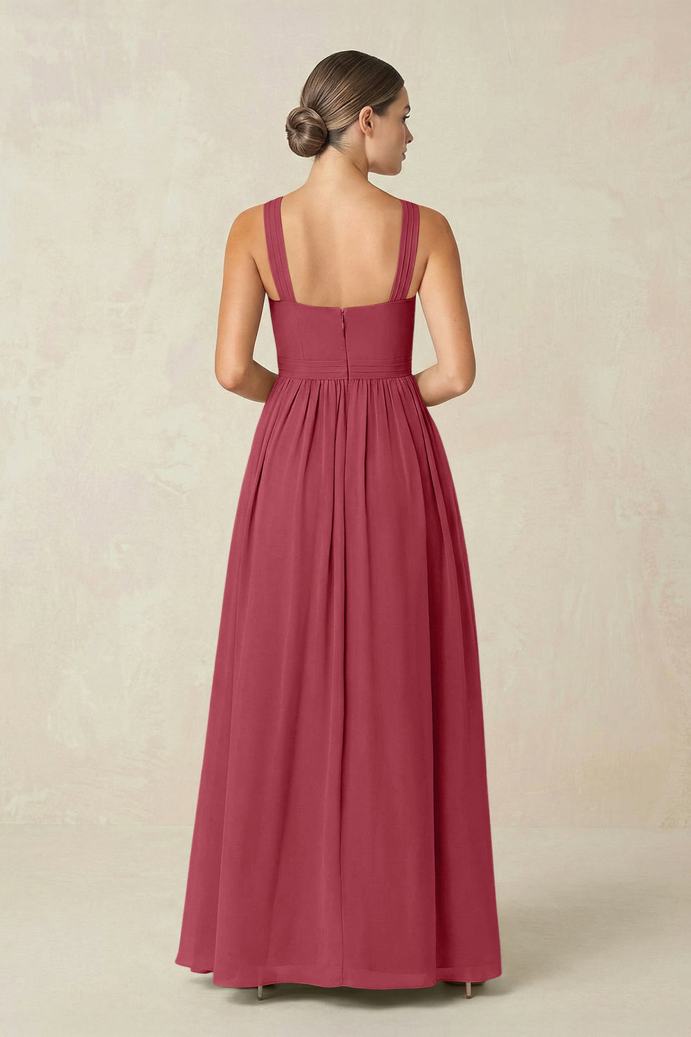 Cross Halter Neck Chiffon A-Line Bridesmaid Dress With Slit in Merlot