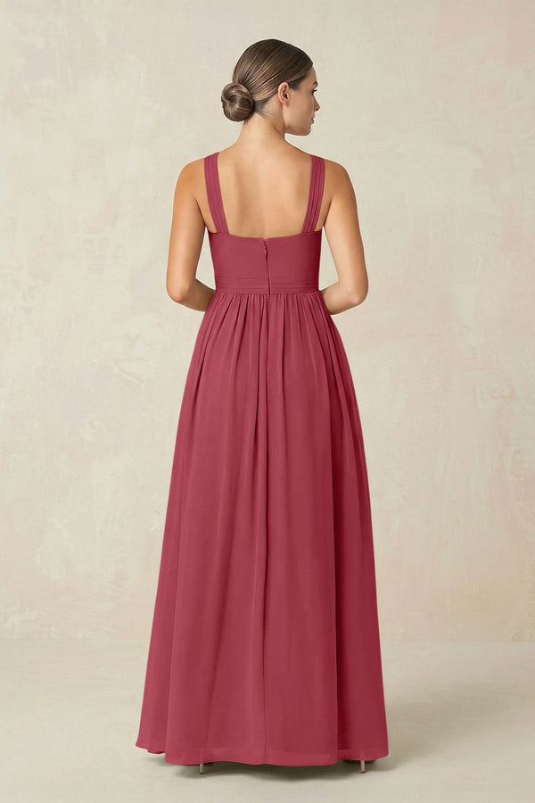 Merlot Cross Halter Neck Chiffon A-Line Bridesmaid Dress With Slit (2) | KISSBRIDAL