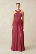 Merlot Cross Halter Neck Chiffon A-Line Bridesmaid Dress With Slit | KISSBRIDAL