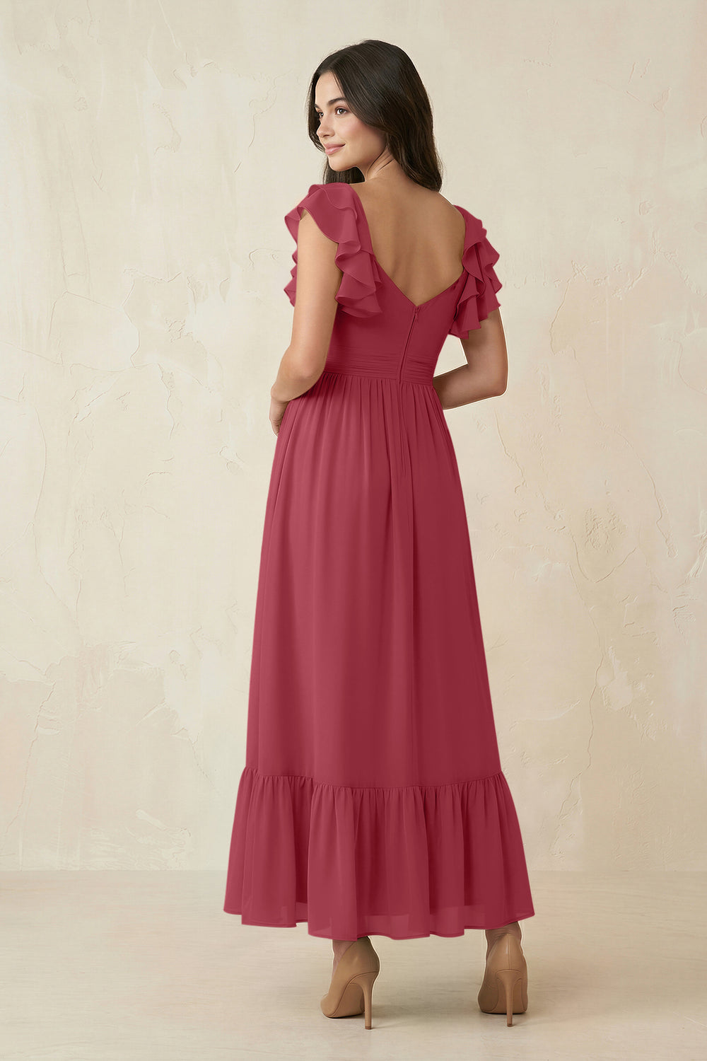 Flutter Sleeve Sweetheart A-Line Chiffon Bridesmaid Dress in Merlot