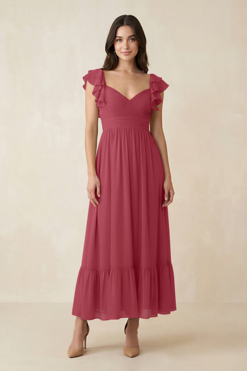 Merlot Flutter Sleeve Sweetheart A-Line Chiffon Bridesmaid Dress | KISSBRIDAL