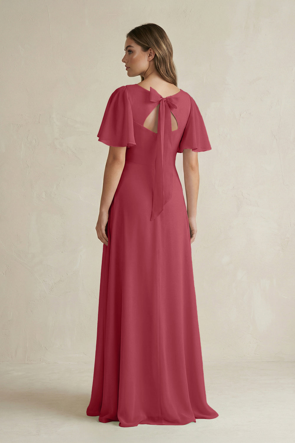 Flutter Sleeve V-Neck A-Line Chiffon Bridesmaid Dress in Merlot