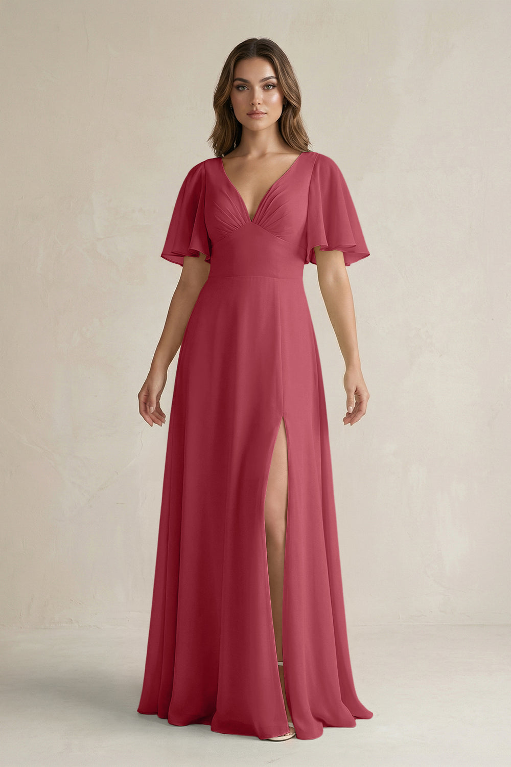 Flutter Sleeve V-Neck A-Line Chiffon Bridesmaid Dress in Merlot