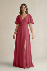 Merlot Flutter Sleeve V-Neck A-Line Chiffon Bridesmaid Dress | KISSBRIDAL