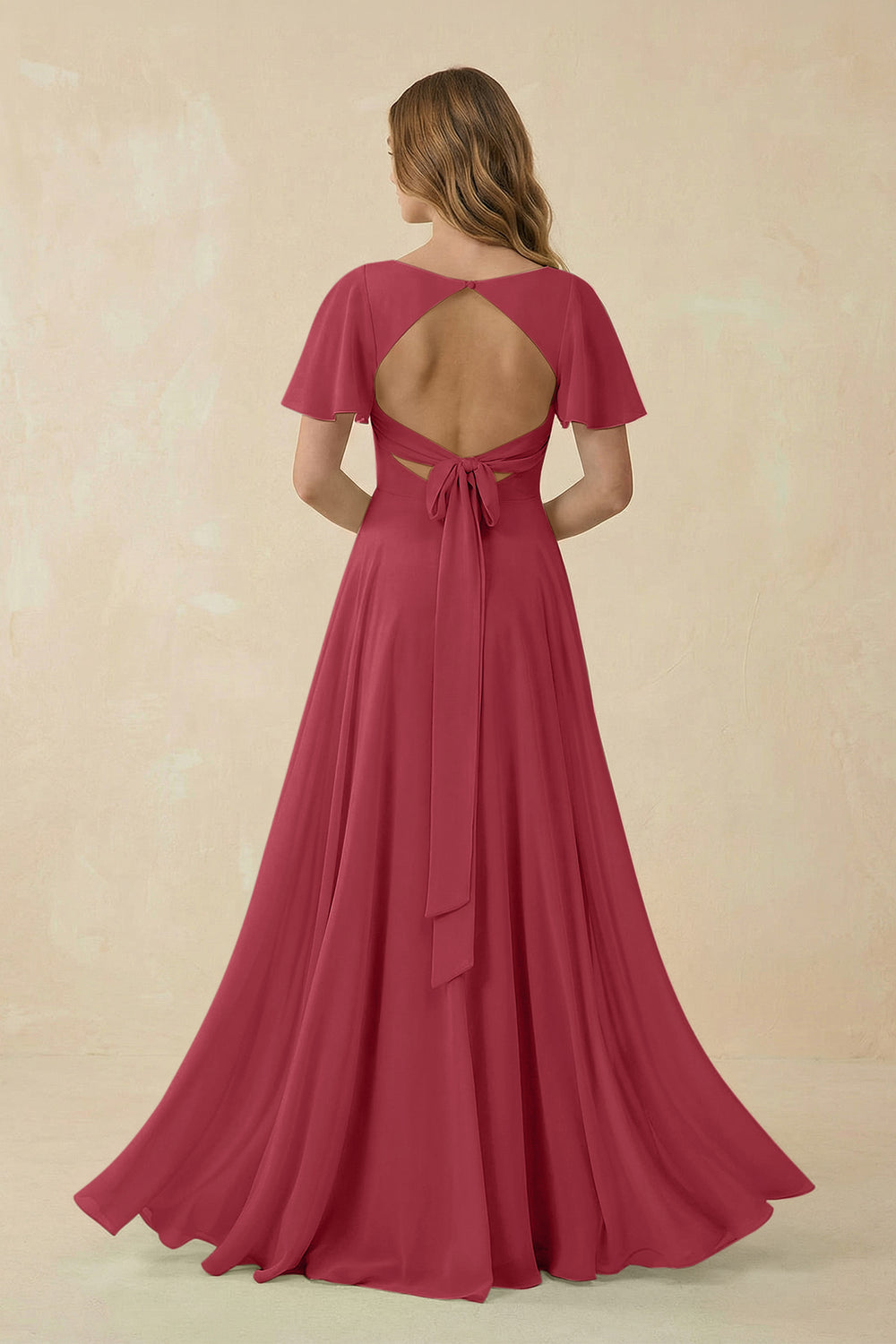 Flutter Sleeve V-Neck Chiffon A-Line Bridesmaid Dress in Merlot