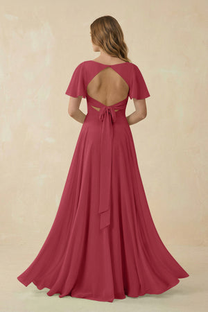 Merlot Flutter Sleeve V-Neck Chiffon A-Line Bridesmaid Dress (2) | KISSBRIDAL