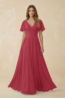 Merlot Flutter Sleeve V-Neck Chiffon A-Line Bridesmaid Dress | KISSBRIDAL