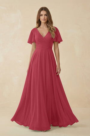 Merlot Flutter Sleeve V-Neck Chiffon A-Line Bridesmaid Dress | KISSBRIDAL