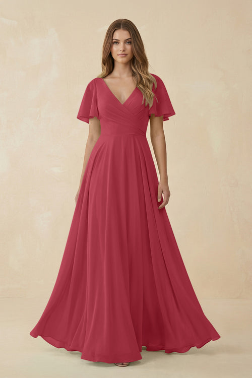 Merlot Flutter Sleeve V-Neck Chiffon A-Line Bridesmaid Dress | KISSBRIDAL