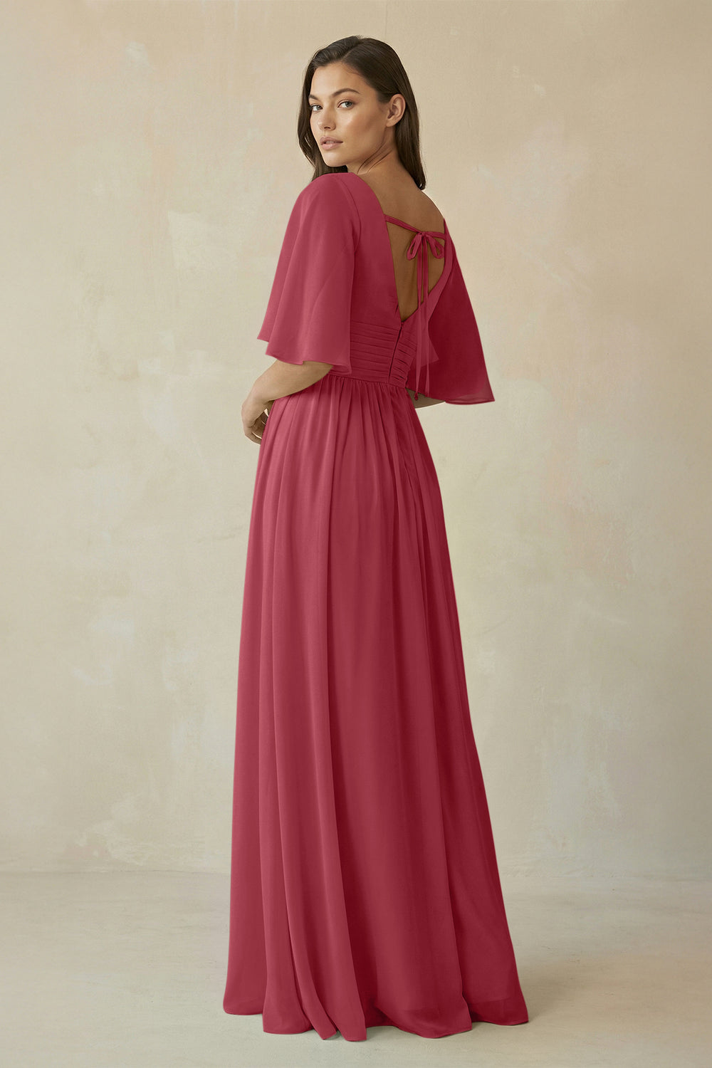 Half Sleeve V-Neck A-Line Chiffon Bridesmaid Gown in Merlot