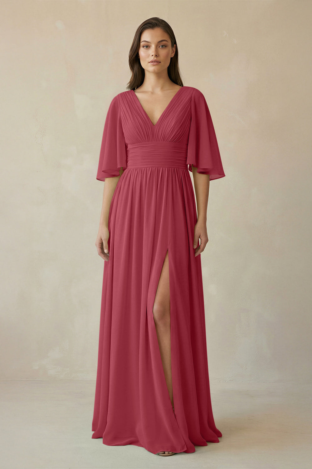 Half Sleeve V-Neck A-Line Chiffon Bridesmaid Gown in Merlot