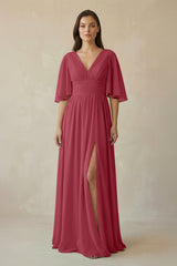 Merlot Half Sleeve V-Neck A-Line Chiffon Bridesmaid Gown | KISSBRIDAL