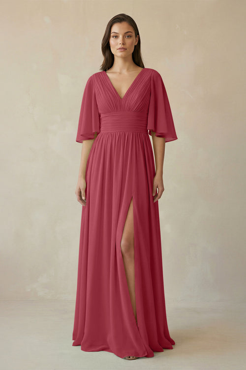 Merlot Half Sleeve V-Neck A-Line Chiffon Bridesmaid Gown | KISSBRIDAL