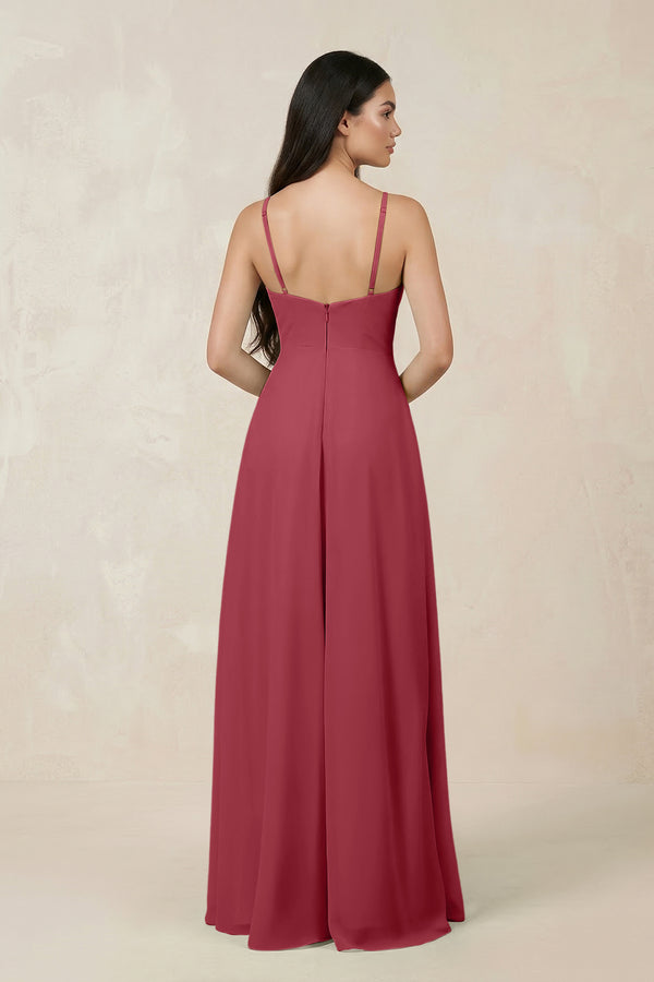 Merlot Halter Chiffon A-Line Bridesmaid Dress With Slit (2) | KISSBRIDAL
