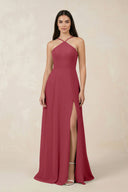 Merlot Halter Chiffon A-Line Bridesmaid Dress With Slit | KISSBRIDAL