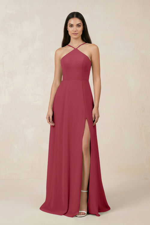 Merlot Halter Chiffon A-Line Bridesmaid Dress With Slit | KISSBRIDAL