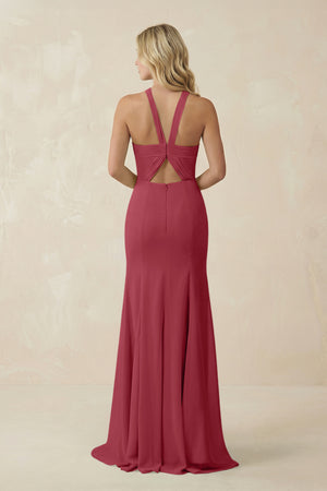 Merlot Halter Chiffon Mermaid Ruched Bridesmaid Dress (2) | KISSBRIDAL