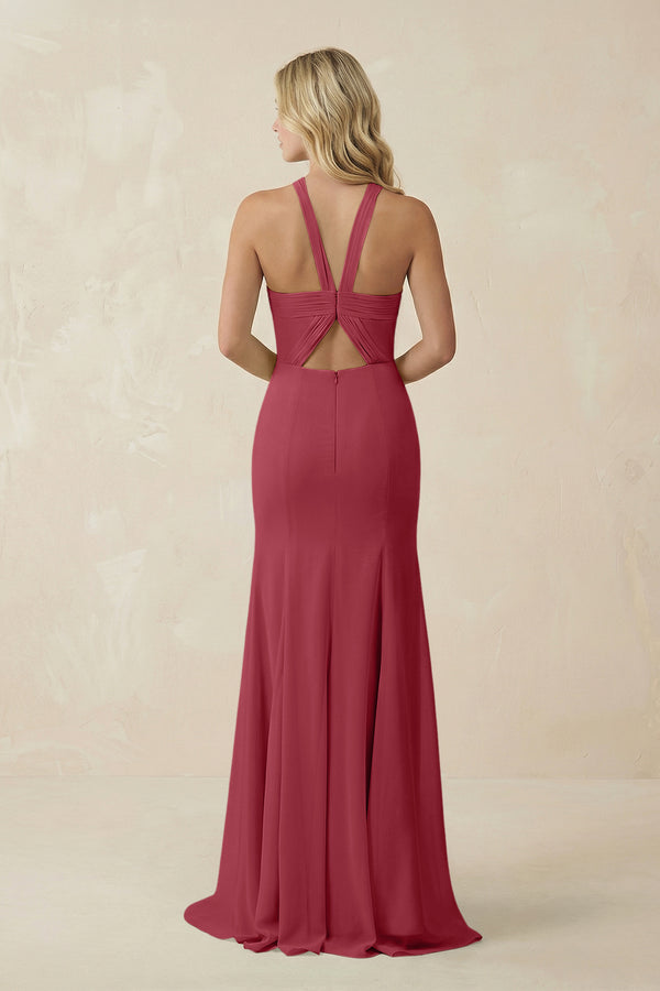 Merlot Halter Chiffon Mermaid Ruched Bridesmaid Dress (2) | KISSBRIDAL