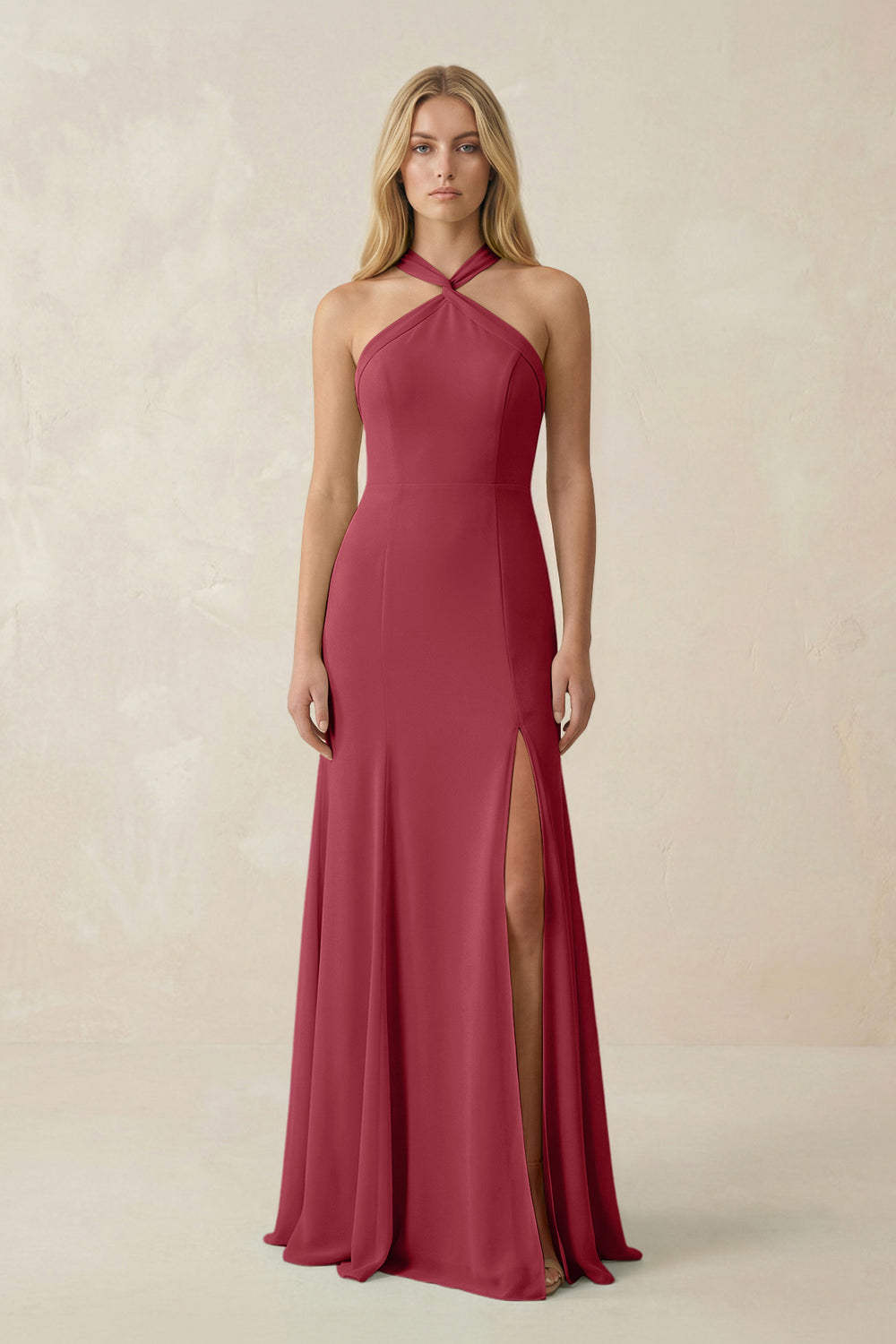 Halter Chiffon Mermaid Ruched Bridesmaid Dress in Merlot