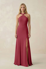Merlot Halter Chiffon Mermaid Ruched Bridesmaid Dress | KISSBRIDAL