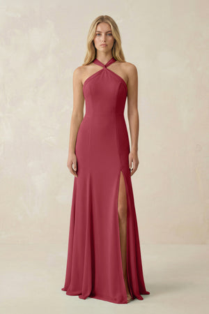 Merlot Halter Chiffon Mermaid Ruched Bridesmaid Dress | KISSBRIDAL