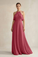 Merlot Halter Neck A-Line Chiffon Bridesmaid Dress with Keyhole | KISSBRIDAL