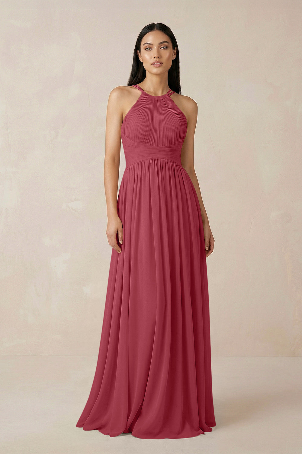 Halter Neck A-Line Chiffon Bridesmaid Dress in Merlot