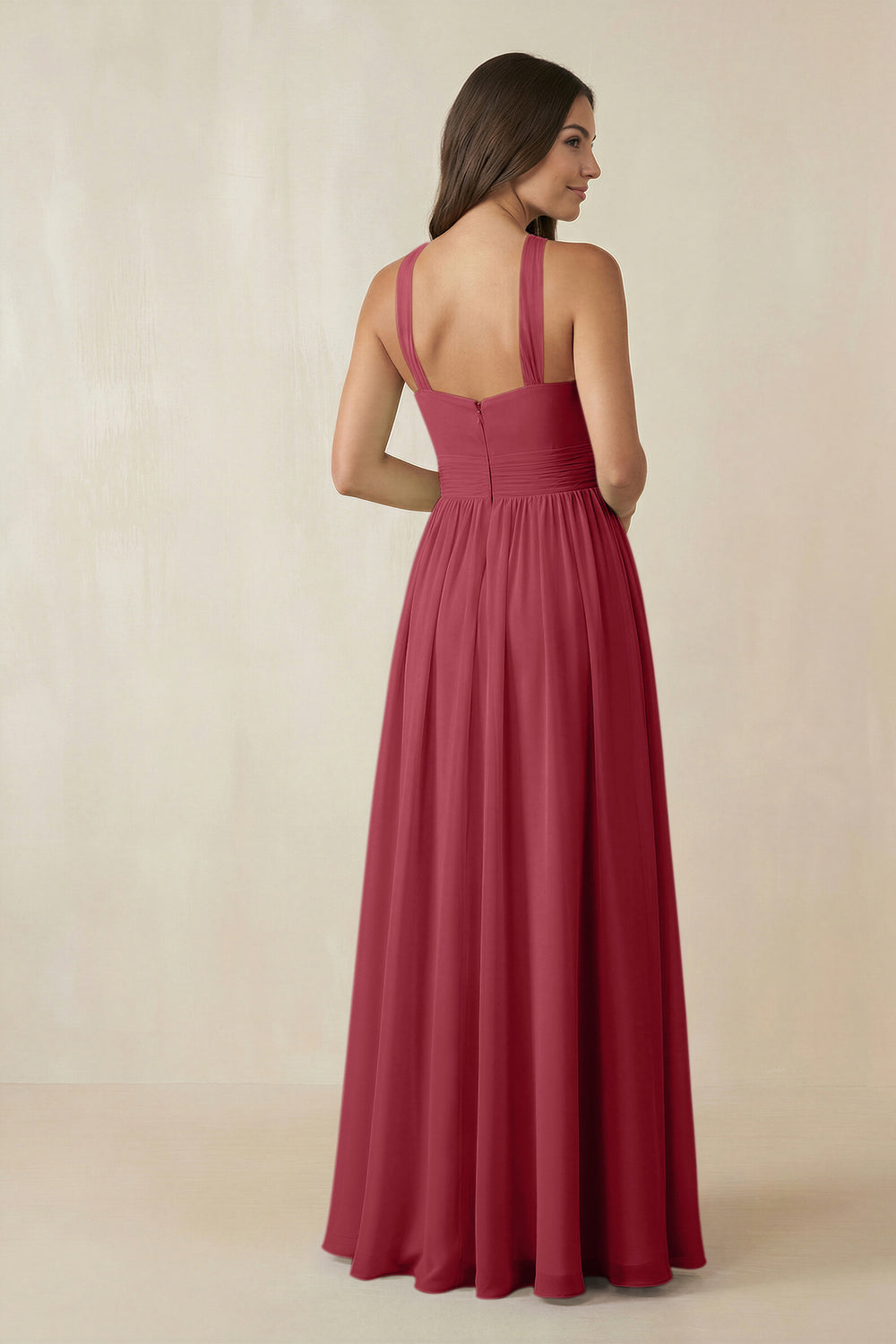 Halter Neck Ruched A-Line Chiffon Bridesmaid Dress in Merlot