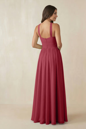 Merlot Halter Neck Ruched A-Line Chiffon Bridesmaid Dress (2) | KISSBRIDAL