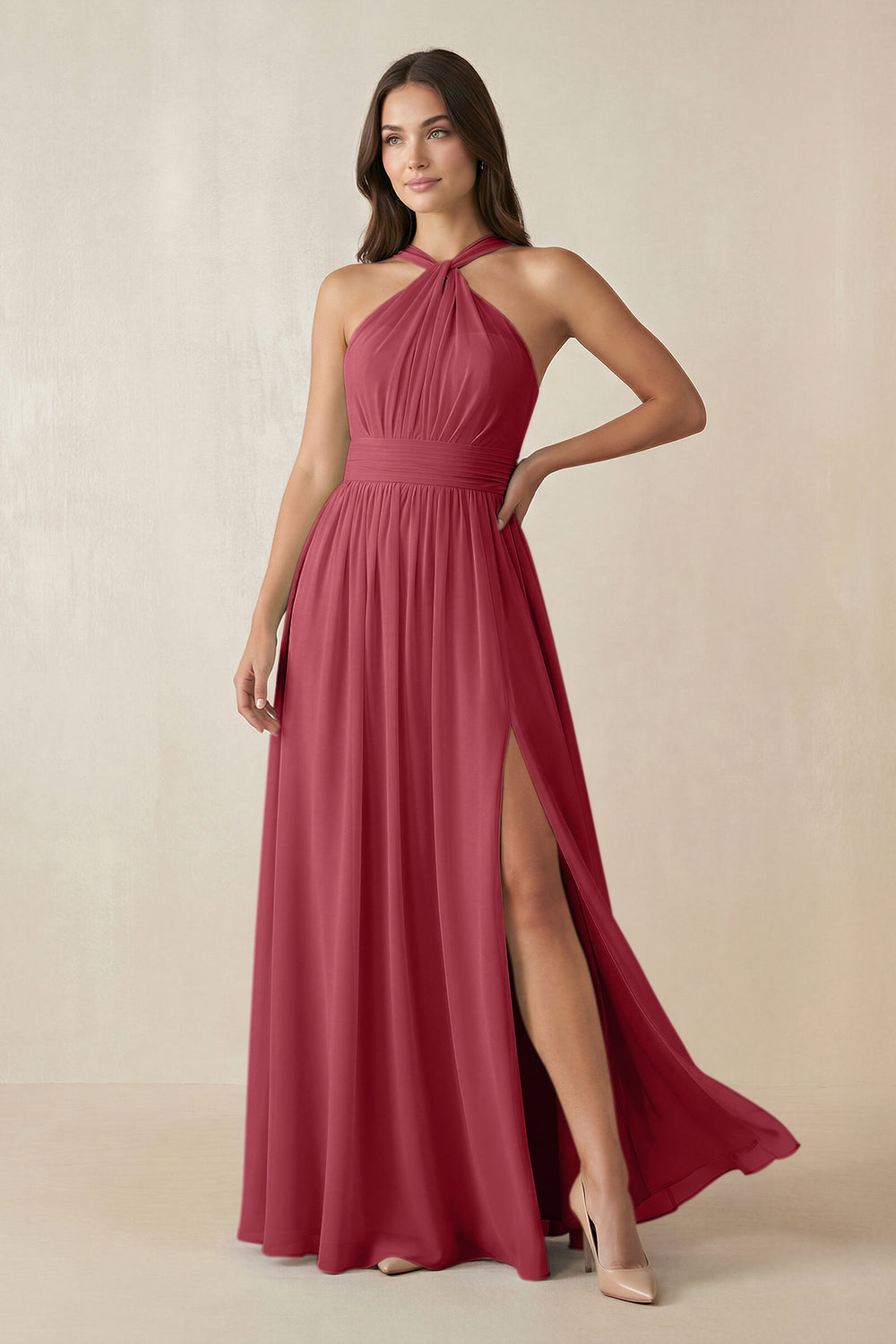 Halter Neck Ruched A-Line Chiffon Bridesmaid Dress in Merlot