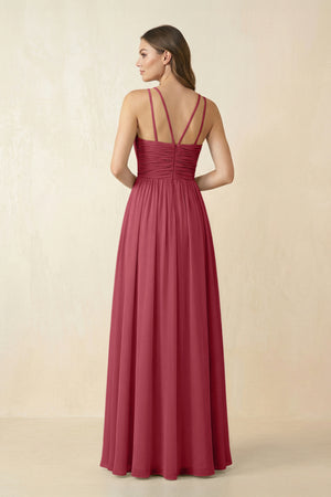 Merlot Halter Pleated A-Line Chiffon Bridesmaid Dress (2) | KISSBRIDAL