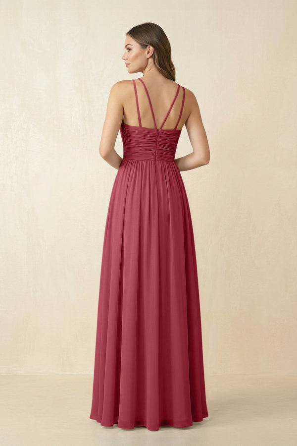 Merlot Halter Pleated A-Line Chiffon Bridesmaid Dress (2) | KISSBRIDAL